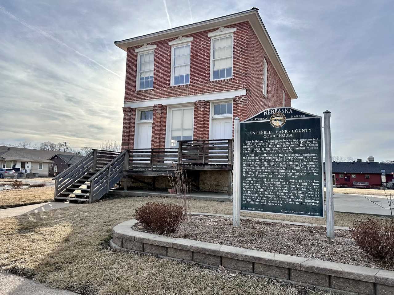 Historic Fontenelle Bank building and Nebraska historical marker in Bellevue, Nebraska