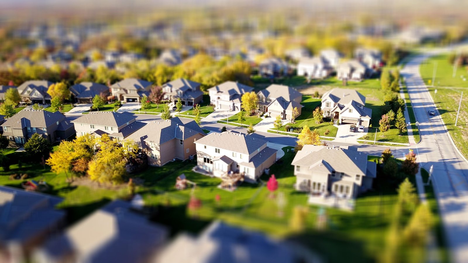 Aerial view of a suburban neighborhood with rows of houses, green lawns, and fall trees along a curving street